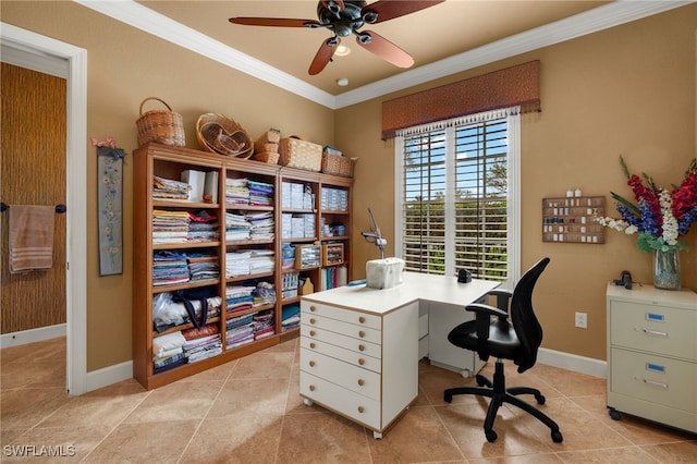 home office featuring baseboards, light tile patterned flooring, a ceiling fan, and crown molding