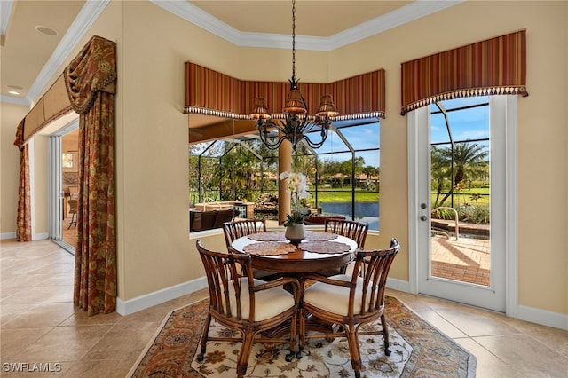 dining space featuring light tile patterned floors, an inviting chandelier, baseboards, and crown molding