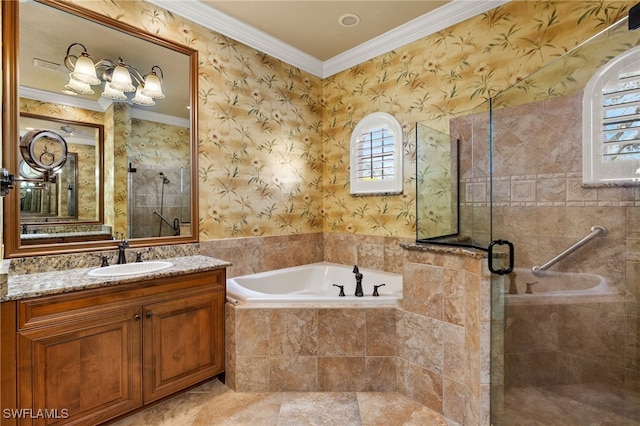 full bathroom with ornamental molding, a stall shower, a bath, and wallpapered walls