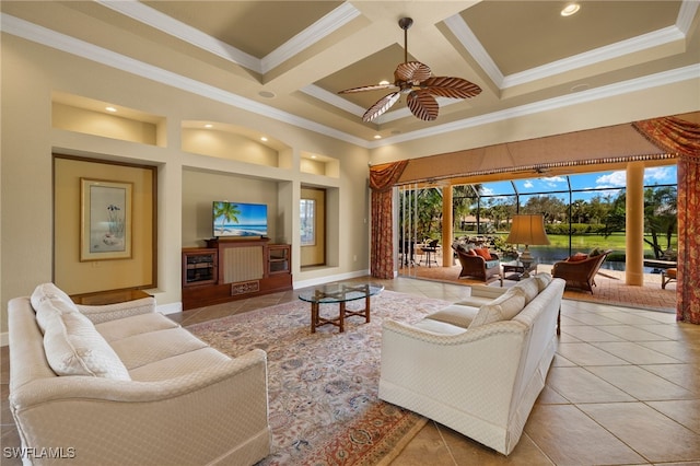 living room with tile patterned flooring, a high ceiling, coffered ceiling, a sunroom, and crown molding