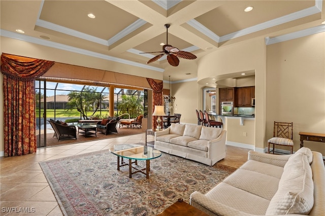 living room with light tile patterned floors, a high ceiling, coffered ceiling, beam ceiling, and crown molding