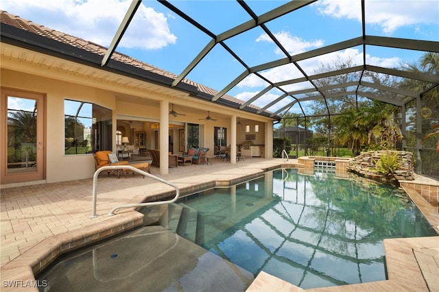 view of swimming pool featuring glass enclosure, an outdoor living space, a ceiling fan, and a patio