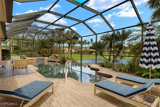 pool with a water view, glass enclosure, a jacuzzi, and a patio