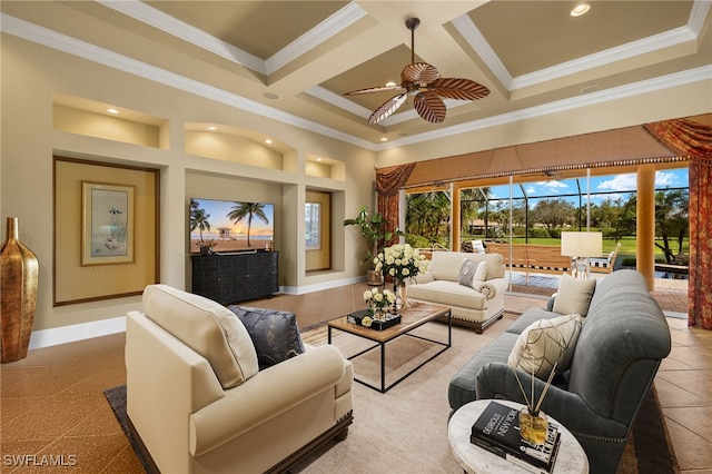 living room featuring baseboards, a towering ceiling, a sunroom, ornamental molding, and recessed lighting