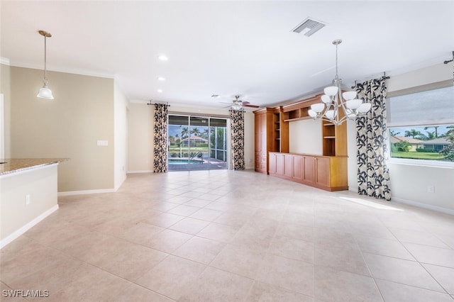 unfurnished living room with visible vents, ceiling fan with notable chandelier, baseboards, and ornamental molding