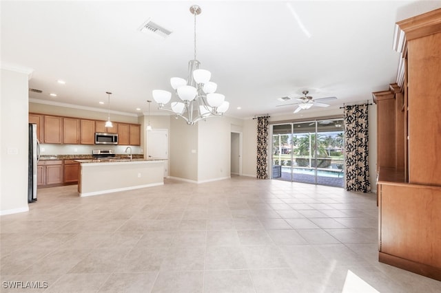 unfurnished living room featuring visible vents, crown molding, baseboards, recessed lighting, and ceiling fan with notable chandelier