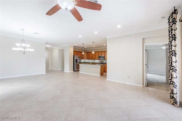 14783 Cranberry Ct, Naples, FL 34114 - unfurnished living room with crown molding, ceiling fan, a chandelier, recessed lighting, and baseboards