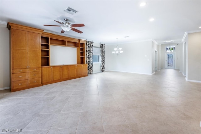 unfurnished living room featuring light tile patterned floors, visible vents, baseboards, crown molding, and ceiling fan with notable chandelier