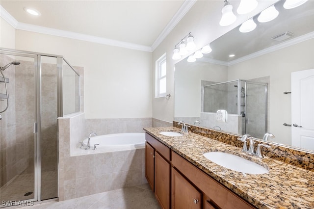 14783 Cranberry Ct, Naples, FL 34114 - full bath with a bath, a stall shower, double vanity, tile patterned floors, and crown molding