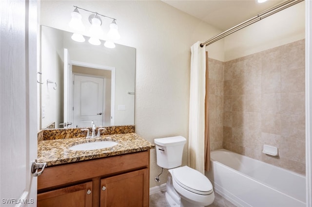 bathroom with vanity, shower / bath combination with curtain, and toilet