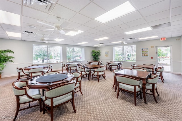 dining space featuring light colored carpet, visible vents, a drop ceiling, and ceiling fan