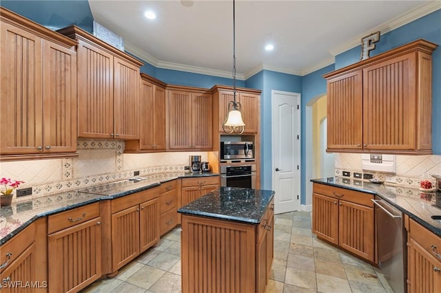 kitchen with dark stone countertops, arched walkways, stainless steel appliances, and crown molding