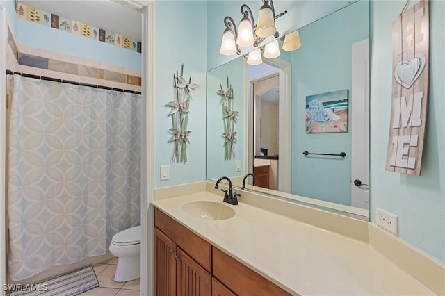 full bathroom with vanity, tile patterned flooring, toilet, and a shower with curtain