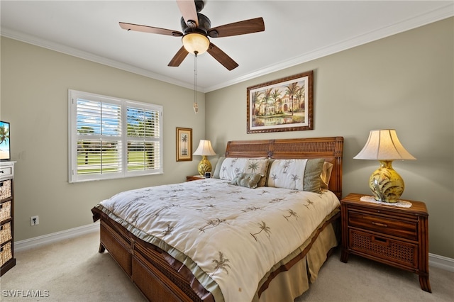 bedroom featuring carpet, baseboards, and crown molding