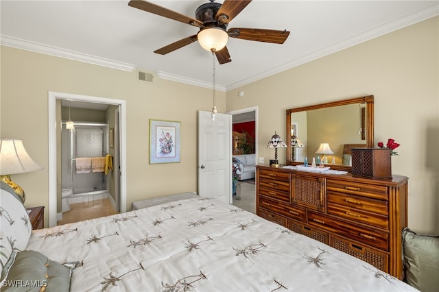 bedroom featuring visible vents and crown molding