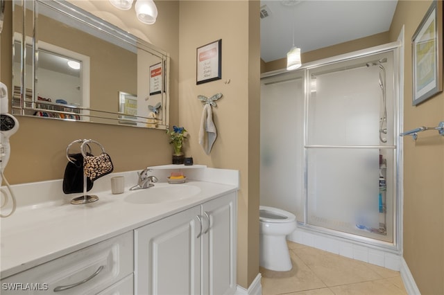 full bathroom featuring a stall shower, visible vents, toilet, tile patterned flooring, and vanity