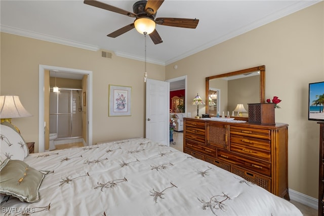 bedroom with baseboards, a ceiling fan, visible vents, and crown molding