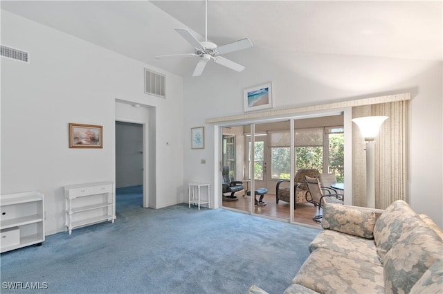 carpeted living room featuring high vaulted ceiling, visible vents, and a ceiling fan