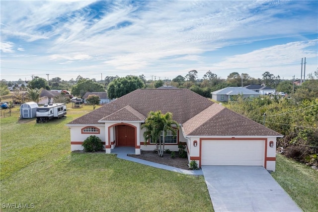 view of front of house with a garage, stucco siding, concrete driveway, and a front yard