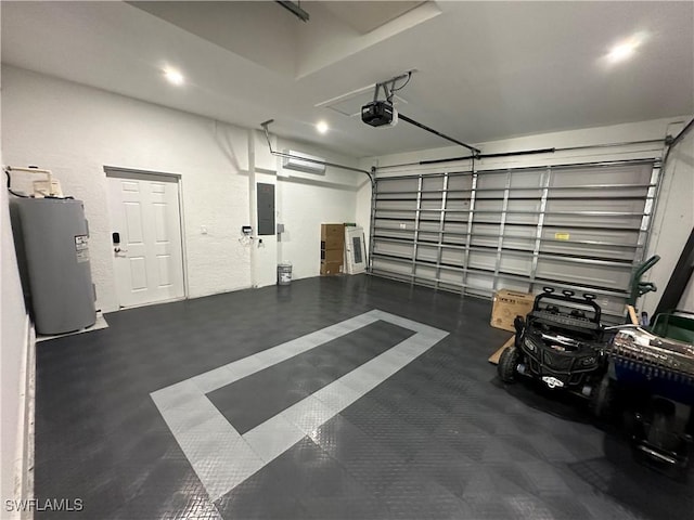 garage featuring a garage door opener, electric panel, and water heater