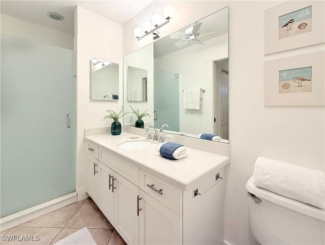 full bath with a ceiling fan, tile patterned flooring, vanity, and toilet