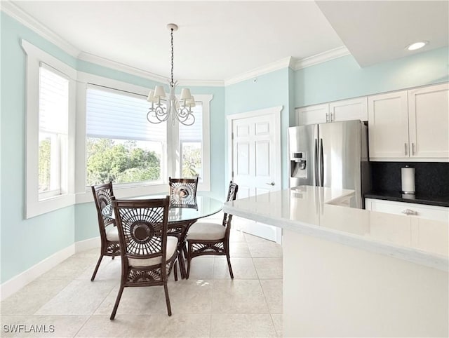 dining space with a notable chandelier, light tile patterned floors, recessed lighting, ornamental molding, and baseboards