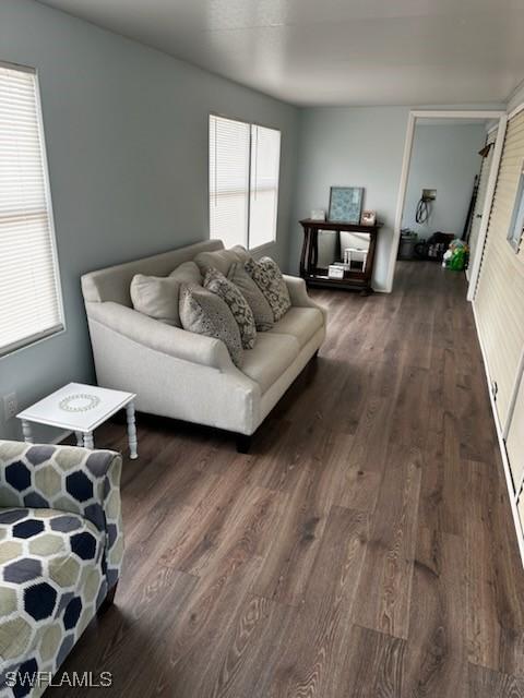 living room with dark wood-style flooring