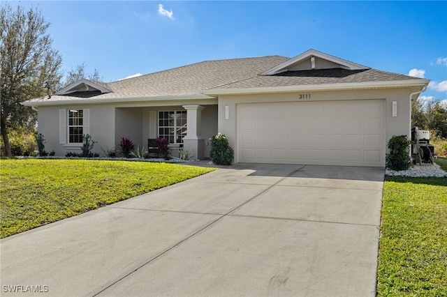 ranch-style house featuring a garage, concrete driveway, roof with shingles, stucco siding, and a front lawn