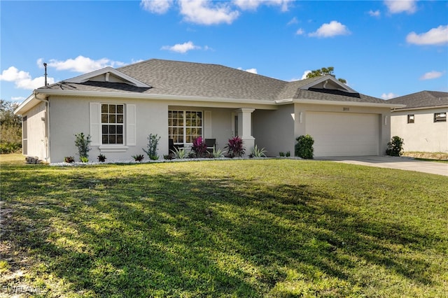 ranch-style home featuring stucco siding, a shingled roof, concrete driveway, a garage, and a front lawn