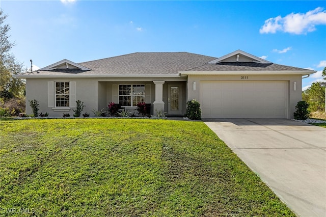 ranch-style home with a garage, driveway, stucco siding, roof with shingles, and a front yard