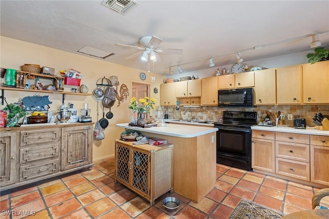 kitchen with light countertops, visible vents, backsplash, ceiling fan, and black appliances