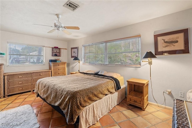 bedroom featuring multiple windows, ceiling fan, visible vents, and baseboards