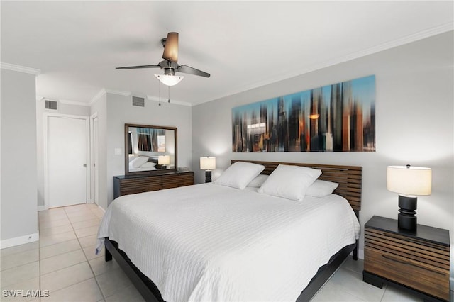 bedroom featuring visible vents, crown molding, and light tile patterned floors