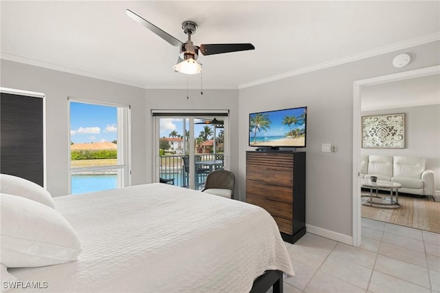 bedroom featuring light tile patterned floors, access to outside, baseboards, and crown molding