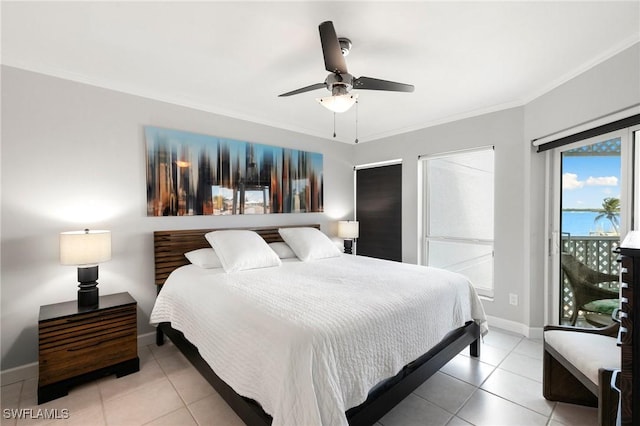 bedroom with light tile patterned floors, baseboards, ceiling fan, access to outside, and crown molding