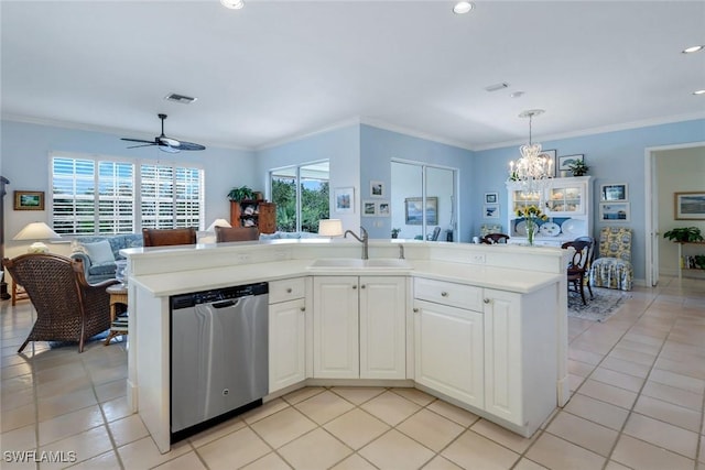 kitchen with a sink, open floor plan, light countertops, stainless steel dishwasher, and ornamental molding