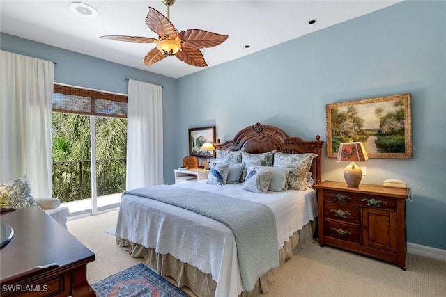 bedroom featuring a ceiling fan, light colored carpet, and access to exterior