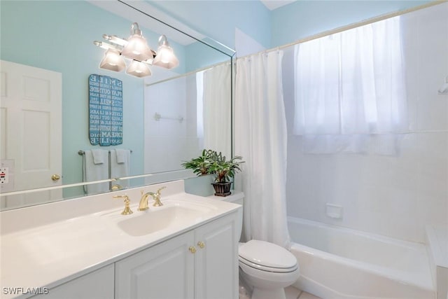 bathroom featuring shower / bath combination with curtain, vanity, and toilet