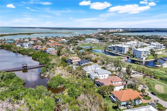 drone / aerial view featuring a water view