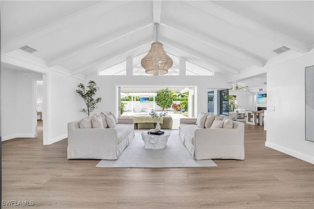 living room with baseboards, visible vents, beam ceiling, and wood finished floors