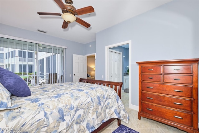 bedroom featuring ceiling fan, visible vents, and baseboards