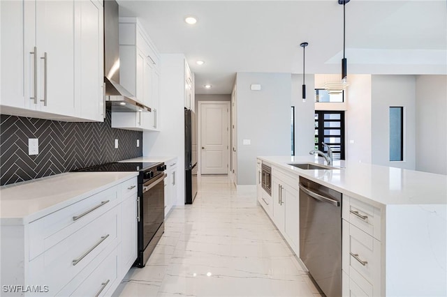 1316 SW 23rd St, Cape Coral, FL 33991 - kitchen with stainless steel appliances, wall chimney exhaust hood, light marble finish flooring, a sink, and tasteful backsplash