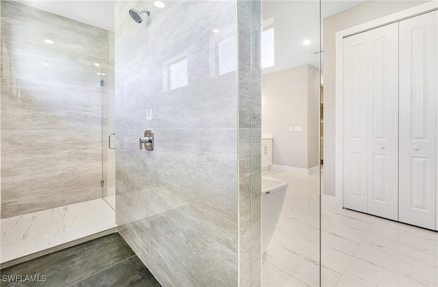1316 SW 23rd St, Cape Coral, FL 33991 - full bathroom with a stall shower, a closet, and marble finish flooring