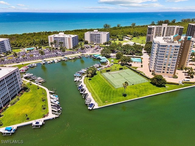 aerial view with a city view and a water view