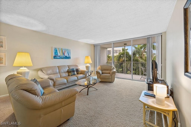 living area with a wall of windows, carpet floors, and a textured ceiling