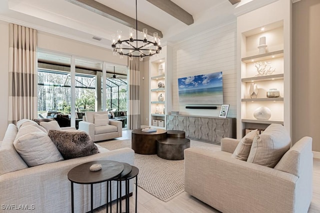 living room with built in features, a chandelier, visible vents, and beamed ceiling