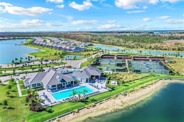 drone / aerial view featuring a water view