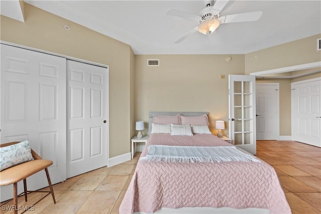 bedroom featuring a ceiling fan, a closet, visible vents, and baseboards