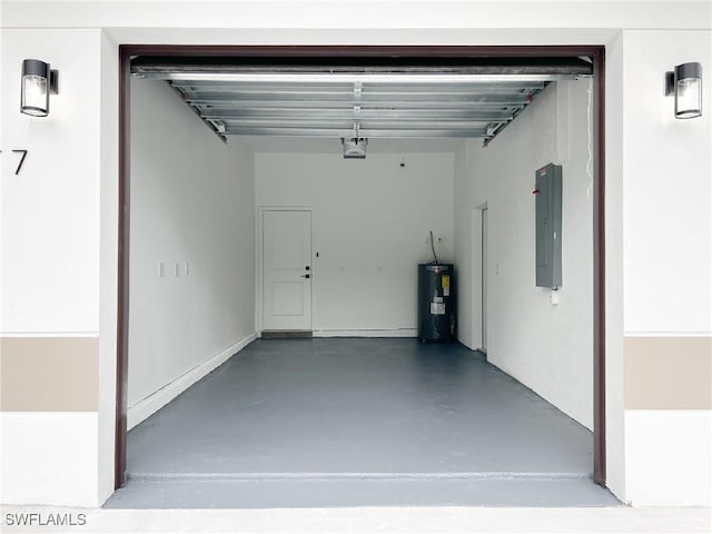 garage featuring a garage door opener, electric water heater, and electric panel