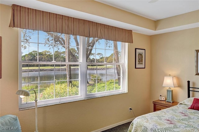 carpeted bedroom with a water view and baseboards